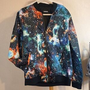 Carbon Galaxy Print Bomber Jacket in Blue, Black, Orange, Green